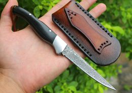 New Damascus EDC Pocket Folding Knife VG10-Damascus Steel Blade Ebony + Steel Sheet Handle With Leather Sheath