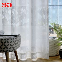 Modern White Solid Grid Tulle Curtains For Living Room Chinese Style Geometric Voile Liner Sheer Curtains for Bedroom Window Y200421