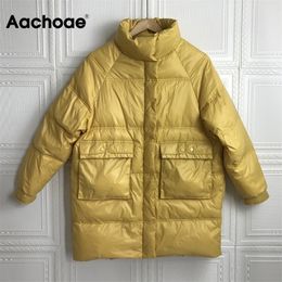 Aachoae Casual Women Long Parka With Pockets Solid Long Sleeve Cotton-padded Jacket Ladies Winter Thick Warm Coats Ropa De Mujer 201103