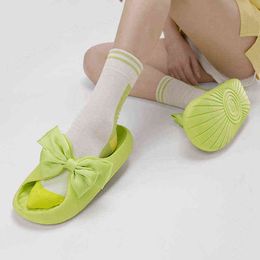2022 Summer Womens Slippers Sweet Bow-knot Outdoor Beach Slides Flat Heel Soft EVA Open Toe Indoor Bathroom Anti-slip Flip Flops Y220214