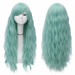 Long mint green wig female fluffy curly wavy cosplay wig for girls