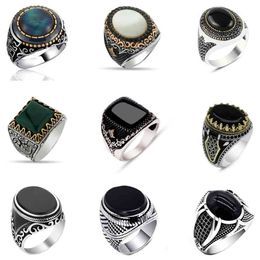 30 Styles Vintage Handmade Turkish Signet Ring for Men Women Ancient Silver Colour Black Onyx Stone Punk Rings Religious Jewelry267t