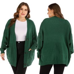 New arrive Autumn Winter Women sweater Cardigan Big size Army green Long Sleeve Single Button V-Neck Knitted pocket Coat Warm Plus Top