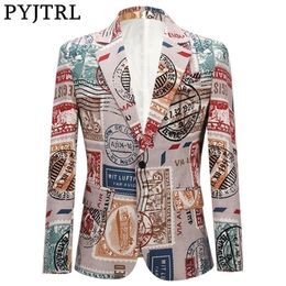 PYJTRL Men's Retro Vintage Plus Size Print Suit Jacket Casual Coat Slim Fit Blazer Men Veste Homme Mariage Prom Singers Costume 201104