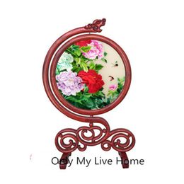 Chinese Lucky Home Decorations Office Desk Accessories Ornaments Silk Hand Embroidery Patterns Works with Bubinga Wooden Frame Wedding Gift