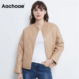 Aachoae Fashion Argyle Padded Jacket Women PU Faux Leather Long Sleeve Coat Female Loose Casual Ladies Winter Jackets 210201