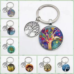 Super Art Tree Life Keychain Tree Pattern Round Glass Key Chain Alloy Pendant Keyring Must-have KeyChains