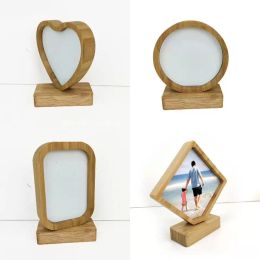 Wholesale Stock Bamboos Sublimation Blank Photo Frame With Base DIY Double Sided Wood Love Heart Round Frames Magnetism Picture Painting Decoration