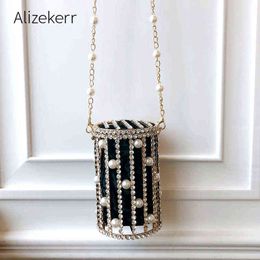 Evening Bags Cylindrical Pearl Rhinestone Evening Bags Women Luxury Small Metal Cage Party Purse Ladies Beaded Chain Bucket Shoulder Bag 220315