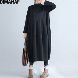 DIMANAF Women Long Dresses Turtleneck Cotton Ladies Elegant Vestidos Plus Size Female Clothes Pleated Loose 2021 Autumn Winter 201028