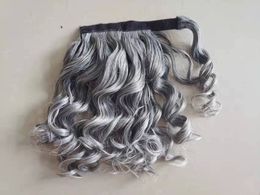 Salt and pepper wavy Grey ponytail hairpiece wraps around silver grey real ponytail extension 12inch 120g custom two tone mixed