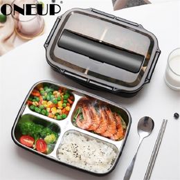 ONEUP Portable Compartment Insulation Lunch Box Stainless Steel 304 Japanese Office Staff Separated Microwave Heating Bento box 201208