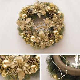 New Golden Exquisite Shining Door Wreath Decorative Flower Pinecone Artificial Hanging Wreath For Christmas Home Christmas Decor Y200111