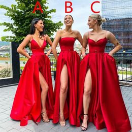 A Line Red Bridesmaid Dresses 2020 Floor Length Side Slit Wedding Guest Dress Satin Cheap Bridesmaid Gowns