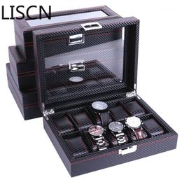 12 watch display box UK - High Carbon Fiber 5 6 10 12 Grid Watch Boxes Display Storage Bracelet Slots Case holder Container1
