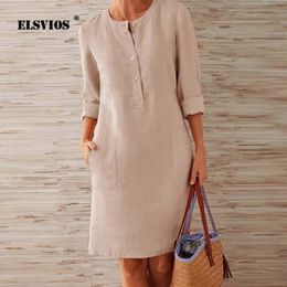 Elsvios inverno botão de outono algodão vestido de linho mulheres elegante o-pescoço do joelho comprimento de manga comprida bolso vestido sólido plus tamanho 201008