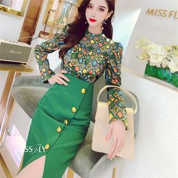New runway skirt suits women's Elegant vintage Retro Flowers printed blouse shirts tops + sexy Cut Bottons skirt suits set NS321 200922