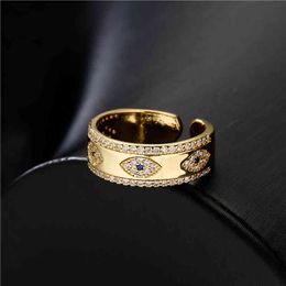 buy 2022 Fashion Gold Colour Copper Wedding Jewellery Aaa Cz Evil Eye Design Open Ring for Women Girl Engagement Gift