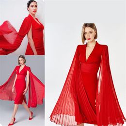 Bright Red Prom Dresses V Neck Long Sleeves Ruffles Formal Party Gowns Vestidos De Fiesta Modern Fashion Knee Length Evening Dress