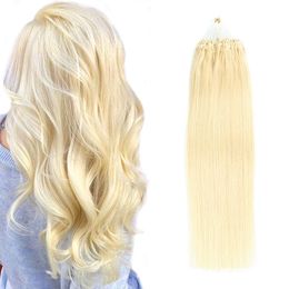 0.5g/s 100 Strand Silicone Micro Bead Hair Extensions #60 Straight Remy Human Hair Loop Micro Ring Platinum Blonde Natural Human Hair 16-22"