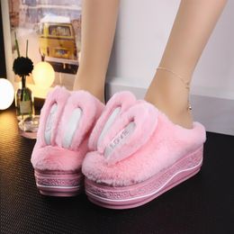 New Winter Warm High Heel Thick Cotton Slippers Cute Cartoon Bow Home Rabbit Ears Women's Slippers Shoes Zapatillas Mujer X1020