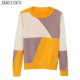 JKKUCOCO Newest Women Sweaters Mix Color Geometric Cotton Sweater Women Pullovers O-neck Winter sweaters Hot Sell 3 Colors LJ201114