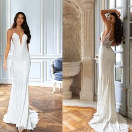 simple lace mermaid wedding dresses with detachable train spaghetti straps appliques arabic bridal gowns sexy sweep train robes de marie