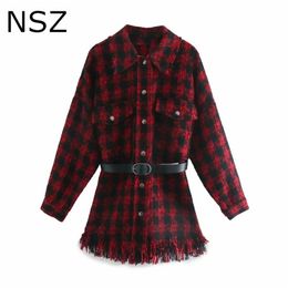 NSZ women red houndstooth oversized tweed jacket fall fashion plaid wool blend coat belted tassel checked outerwear chaqueta 201026