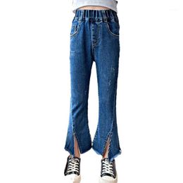 children girl ripped jeans Australia - Jeans Kids Girls Ripped Flare Elastic Waist High Fitted Denim Pants Children Leg Slit Raw Hem Trousers 3-15 Years