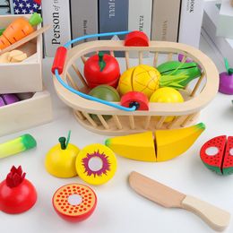 Wooden Magnetic Fruit Vegetable Combination Cutting Play House Toy Children Play Pretend Simulation Basket Fruit set Kids Gifts LJ201009