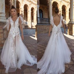 2021 Bohemian Wedding Dresses V Neck Lace Appliques Bridal Gowns Custom Made Sexy Backless Sweep Train A Line Boho Wedding Dress