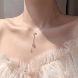 ModaOne Bowknot Pink Strawberry Crystal Tassel 925 Sterling Silver Necklace For Women Girls Sweet Korean Clavicle Chain Jewelry