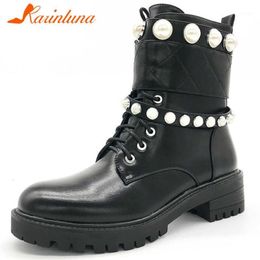 KARIN New Fashion Female Autumn Punk Casual Boots Chunky Heels Bead Zipper Cross Tied Women Boots Ankle Women Shoes1