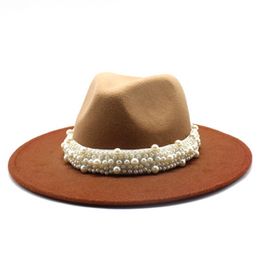 fedora hats wide brim gradient with band belt pearl luxury handmade women hat men autumn winter jazz caps winter women hat