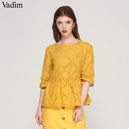 Vadim women sweet hollow out embroidery blouse three quarter sleeve O neck pleated shirt solid ladies casual tops blusas T200321