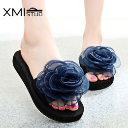 XMISTUO Summer Beauty Students Ladies Sandy Beach Flops Stretch Fabric Lace with Chiffon Flowers Slippers Women Silk Sandals X1020