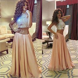 Sexy Peach Crop Top Prom Dresses Two Piece Crystals Beads Long Special Occasion Dress For Girls Evening Party Pageant Gowns Sparkly Vestidos