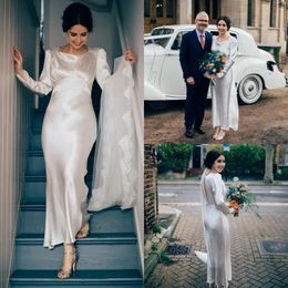 Glossy Silk Wedding Dresses With Long Sleeves 2021 Chic Jewel Neck Boho Garden Sheath Bridal Gowns Floor Length robes de mariée AL7324