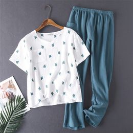 2019 Women's Cotton Pyjamas Water-washed Pijamas Crepe Yarn Short Sleeve Long Pants Sleepwear Home Suit Pyjamas 2-piece Set Y200708