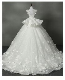 Luxurious Appliques Wedding Dresses Sheer Neck Jewel Bridal Gowns Flower Lace Up Floor Length Robe Elegant de mariée Custom Made