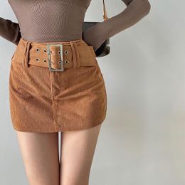 Skirts WOMENGAGA Sexy Corduroy Mini Skirt Detachable Belt Slim Body Skinny Hip Korean Women Autumn Stripe Gothic Womens J4
