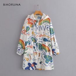 BIAORUINA Korean Style Women Colourful Printed Thin Hooded Trench Coat Female Loose Summer Sunscreen Long Coat Outerwear 201030