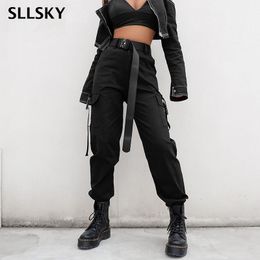 SLLSKY Streetwear Cargo Pants Women Casual Joggers Black High Waist Loose Female Trousers Korean Style Ladies Pants Capri 201109