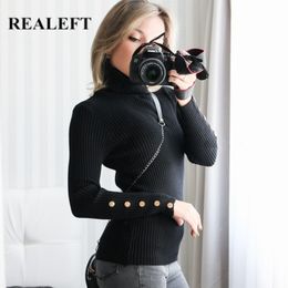 REALEFT Autumn Winter Thick Turtleneck Pullovers Slim Sweaters New Button Long Sleeve Korean Style Tight Sweater Top Female 201120