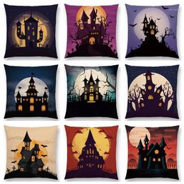 Almofada/travesseiro decorativo Feliz Halloween Scary Night Houd Housed House Castle Castle Moon Bat Pumpkin Tree escura