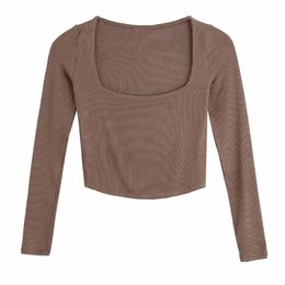 Autumn Women Square Collar Knitting Short T Shirt Casual Femme O Neck Long Sleeve Crop Tops T1380 220226