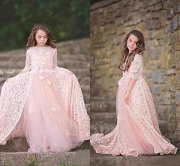 Pink Lace Princess Flower Girl Dresses For Weddings Toddler Little Girls Pageant Brithday Party Dress A Line Bautism Tulle Sleeve Christmas