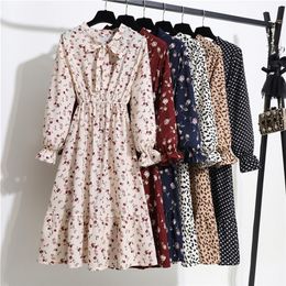 Floral Print Women Dress Female Autumn Long Sleeve Vintage Chiffon Bow Tie Neck Office Lady Shirt Dress Summer Vestidos 220311