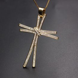 Unique design luxury Full Pave Cubic zirconia Cross Pendant Necklace Gold Colour Chain Charm Personality Women Necklace Jewellery Y1220