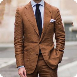 Brown/Green/Pink Linen Men Suits with Pants Slim Fit Groom Tuxedos Latest Coat Pant Designs Male Blazer Jacket 2 Piece Ternos 201106